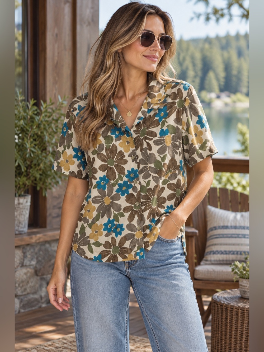 Floral Button-Front Short Sleeve Top in Multi Floral Columbia Sport
